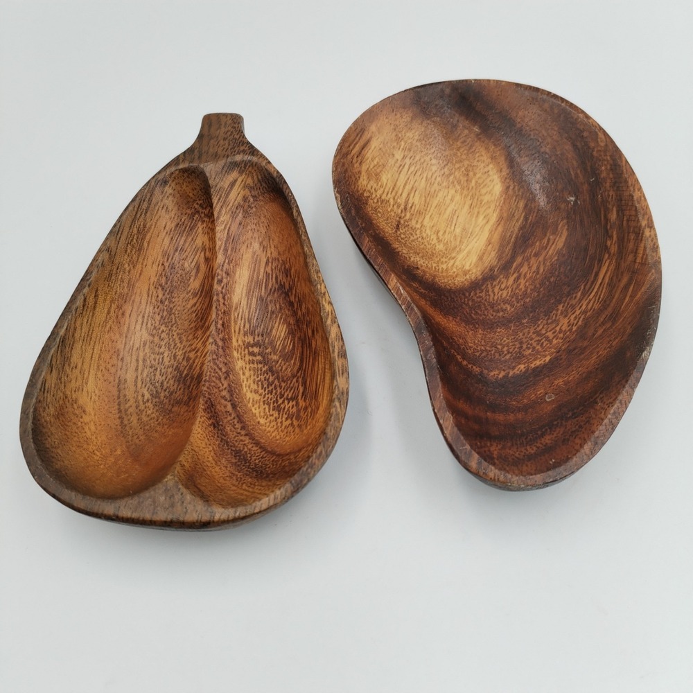 Vintage Hand-Carved Monkey Pod Wood Bowls - Set of 2 (Pear & Kidney Shape)